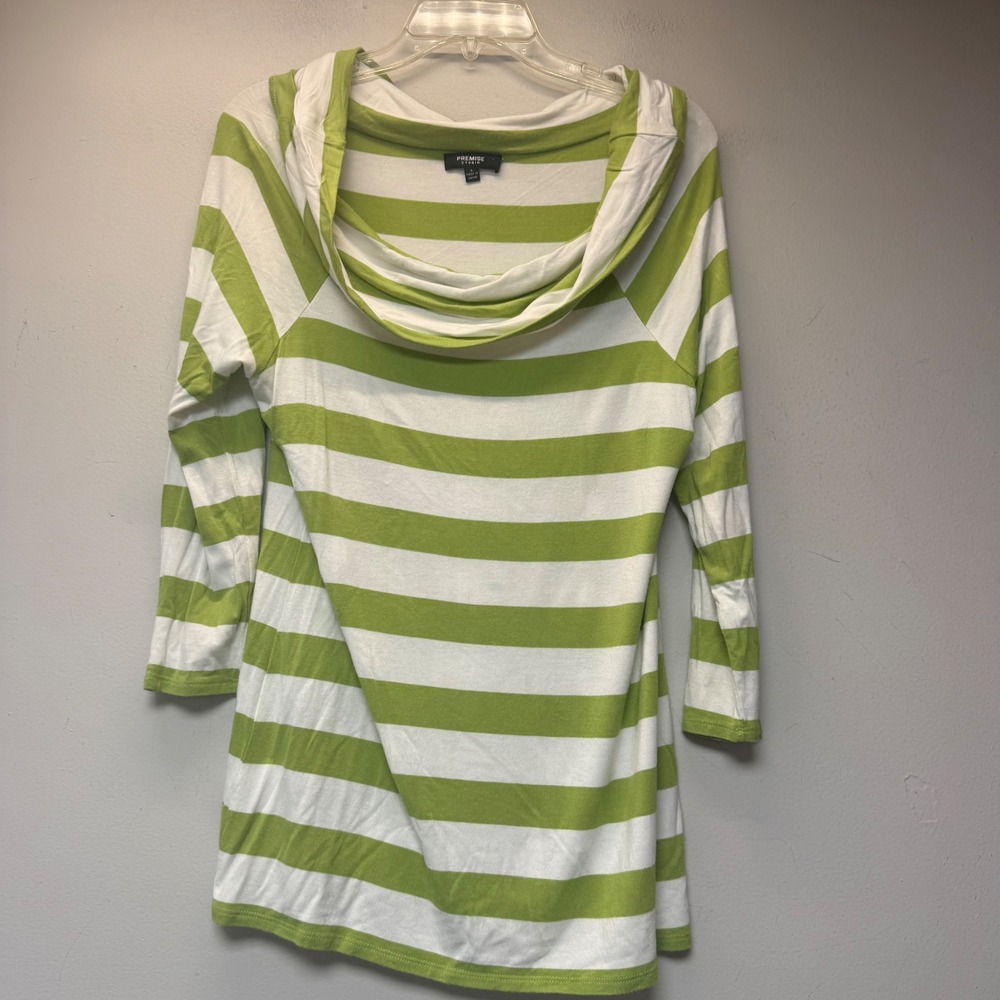 Premise Studio Tunic Top Women Large Green White Excellent Striped Cowl Neck